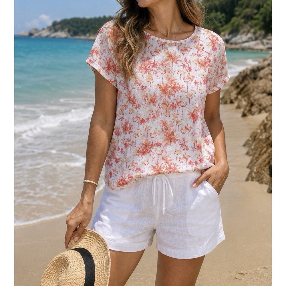 Tommy Bahama 100% Linen White Tropical Flamingo Print Top Women's Small‎